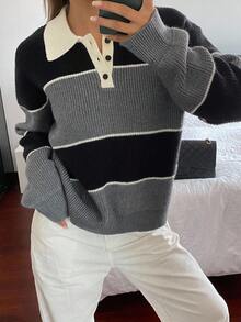 DAZY Pull tricoté décontracté à manches longues avec col polo à rayures contrastées pour femmes, automne/hiver