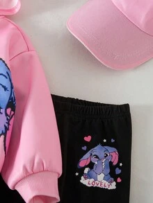 可爱卡通图案针织连帽衫套装，秋冬季休闲女婴服装，带帽动漫女婴服装，史迪奇图案女童服装 - 白色 - 查看 5