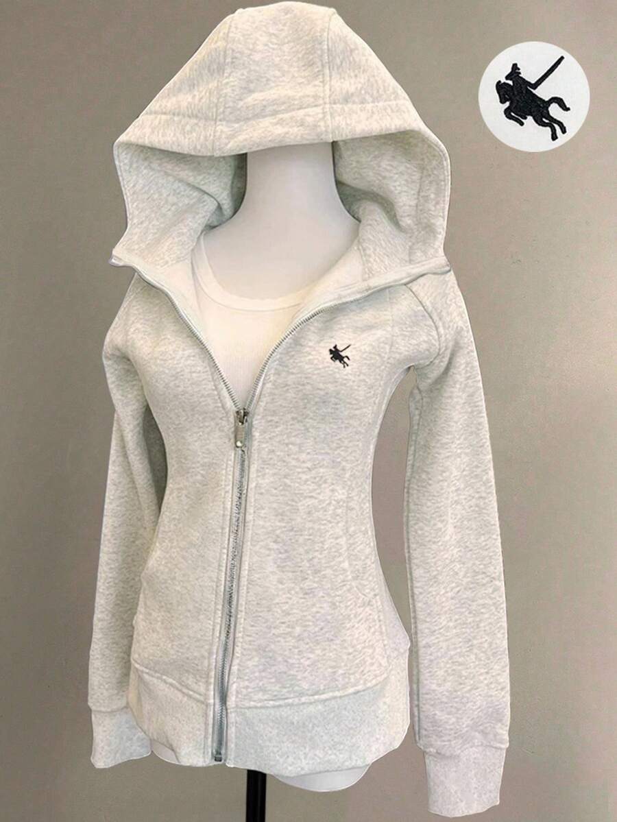 SHEIN 女式休闲骑士刺绣连帽常规夹克，秋冬 - 灰色 - 查看 1