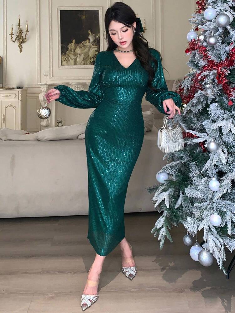 Shiny Sequin Bodycon Dress, Elegant Party Dress For New Year, Christmas, Wedding, Fashion Midi Dress For Women, Autumn/Winter Prom Dress Carnival Sparkly Dress