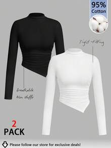 Tseoso Bộ 2 áo thun tay dài cổ giả viền bất đối xứng, Thu/Đông, 95% cotton, Gợi cảm, Thanh lịch, Phong cách Old Money, Phong cách New Money, Dáng ôm vừa vặn, Cổ điển, Nữ tính, Trang phục thường ngày, Trở lại trường, Mùa thu dành cho nữ - Nhiều màu - Xem 1