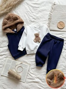 Vintaside Kids Completo casual per bambino, composto da gilet con cappuccio e orecchie 3D, felpa girocollo con grafica di orsetto e pantaloni, adatto per casual, all'aperto, scuola, riunioni familiari - Multicolore - Visualizzare 1