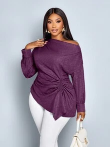 SOLERSUN Women's Plus Size Fall And Winter Solid Color Asymmetric Collar Long Sleeve Side Drawstring Ruched Fashion Blouse,Asymmetric Hem Blue Woven Fabric Shopping And Dating Blouse - Red Violet - View 1