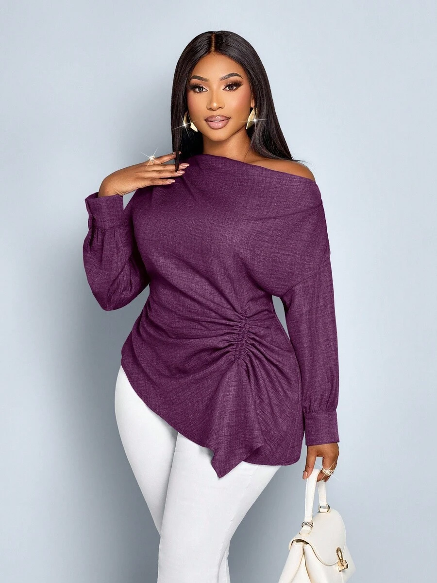 SOLERSUN Women's Plus Size Fall And Winter Solid Color Asymmetric Collar Long Sleeve Side Drawstring Ruched Fashion Blouse,Asymmetric Hem Blue Woven Fabric Shopping And Dating Blouse - Red Violet - View 1