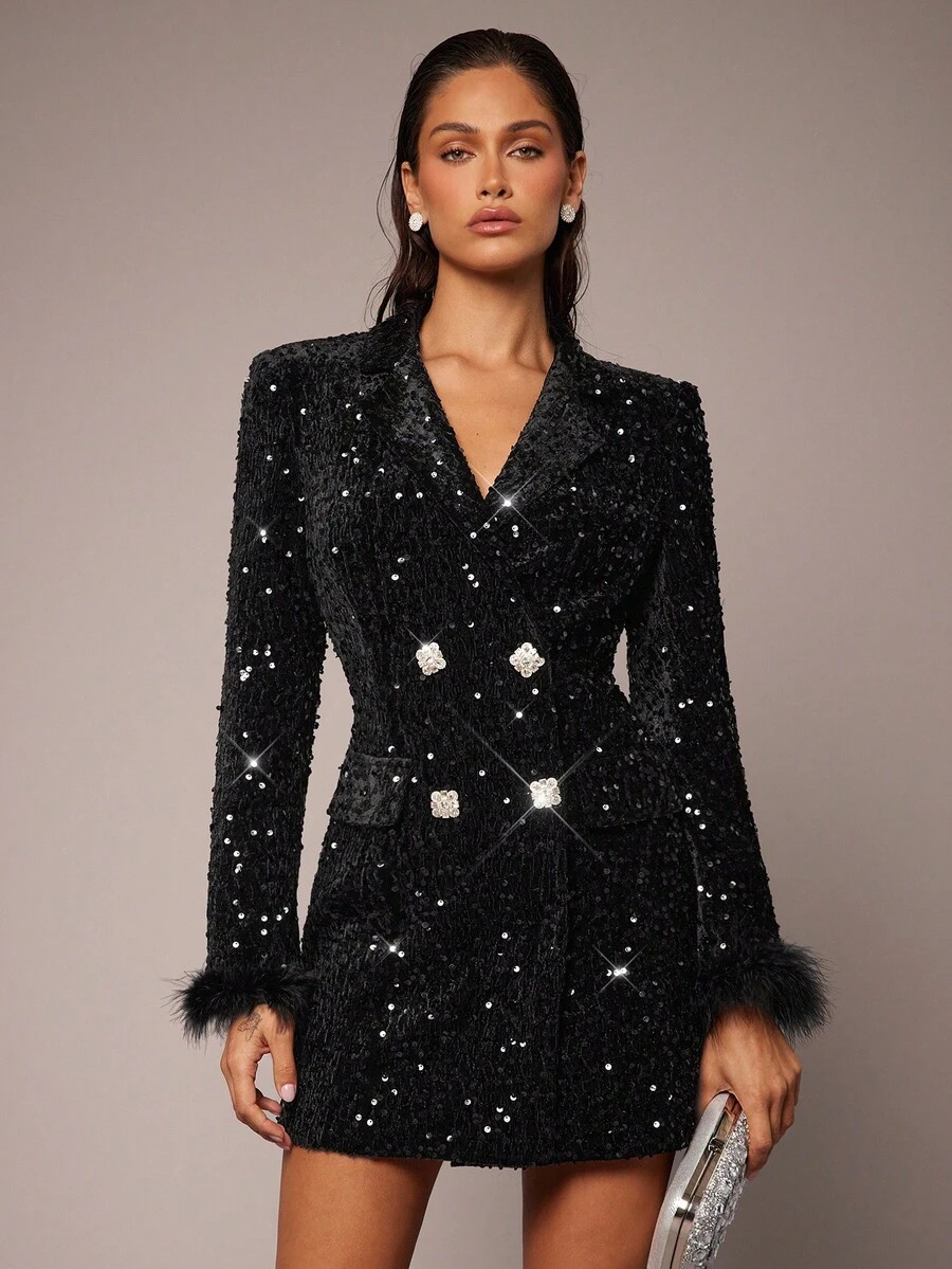 Silquee Women's Black Retro Waist Diamond Button Cuffs With Fur Design Suit Jacket, Suitable For Office Ladies, Mermaids, Halloween, Thanksgiving, Christmas Costumes, Autumn And Winter Women's Solid Color Lapel Velvet Sequin Embellished Long Sleeve Suit Jacket, Elegant Autumn, Suitable For Parties And Dates, Lined High-End Suit Jacket - Black - View 1