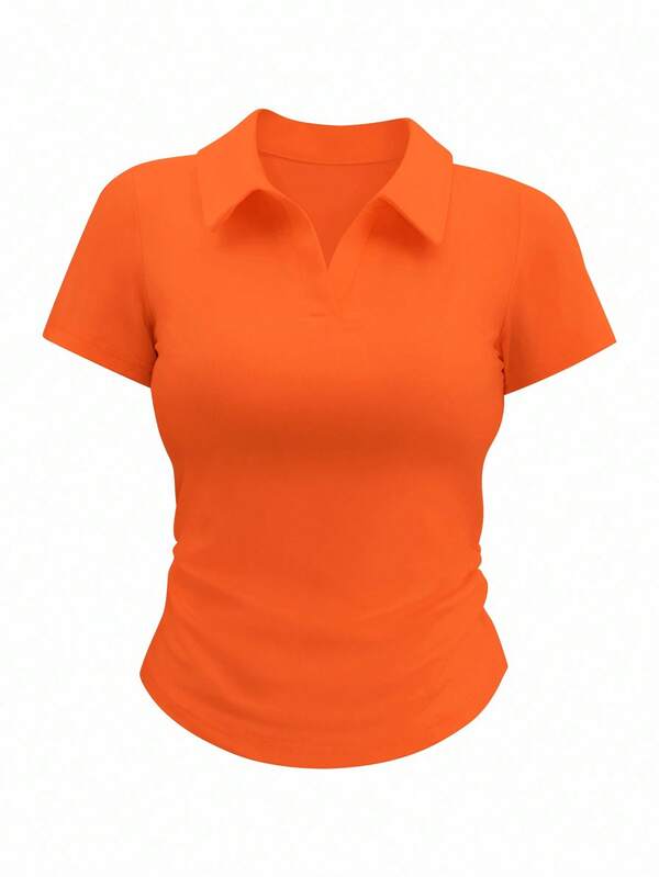 Rina Fox Camiseta casual versátil de mujer con cuello polo y manga corta de unicolor