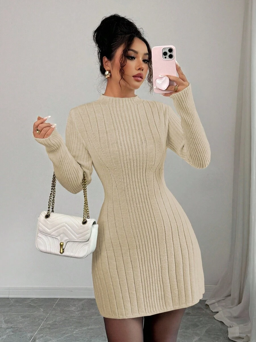 Elenzga Vestido ajustado de línea A de manga larga con cuello alto acanalado, que estiliza y ciñe la cintura para mujeres - Caqui - Ver 1