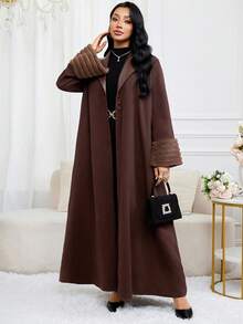 Al Najma Women's Elegant Patchwork Faux Fur Trim Abaya Robe, Autumn