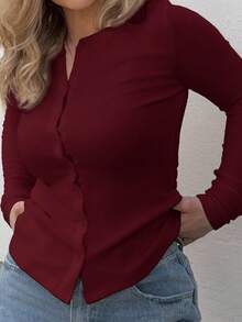 Jeta Ari Ribbed Button Through Long Sleeve Crew Neck Top Casual Vacation Airport Holiday - Burgundy - View 3