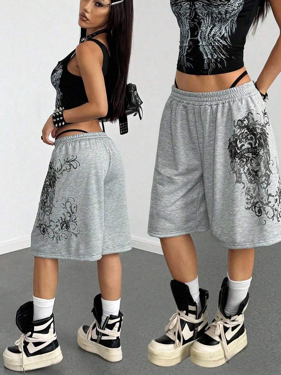 StreetHx Women's Grey Punk Print Loose Capri Pants