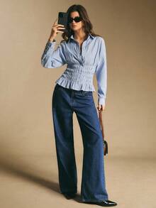 Poéselle Women's Fashionable Commuter Striped Gathered Waist Shirt,Elegant,Casual,American Preppy Hot Girl Shirt With Long Sleeves, Women's Work Shirt, Business,Casual,New Year,Elegant Women,Fall/Winter - Blue and White - View 2