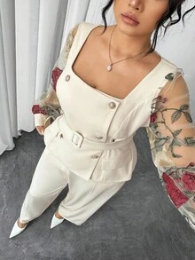Elenzga Plus Size Women Elegant Contrast Mesh Embroidered Long Sleeve Blouse And High Waist Wide Leg Pants 2 Pieces Set - Apricot - View 6