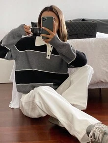 DAZY Pull tricoté décontracté à manches longues avec col polo à rayures contrastées pour femmes, automne/hiver