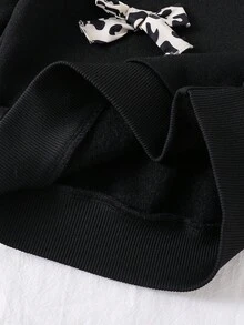 SHEIN ChillGRL 2 件女童纯色蝴蝶结运动衫和喇叭裤套装，可爱甜美的秋季户外、休闲、度假装 - 黑色 - 查看 8