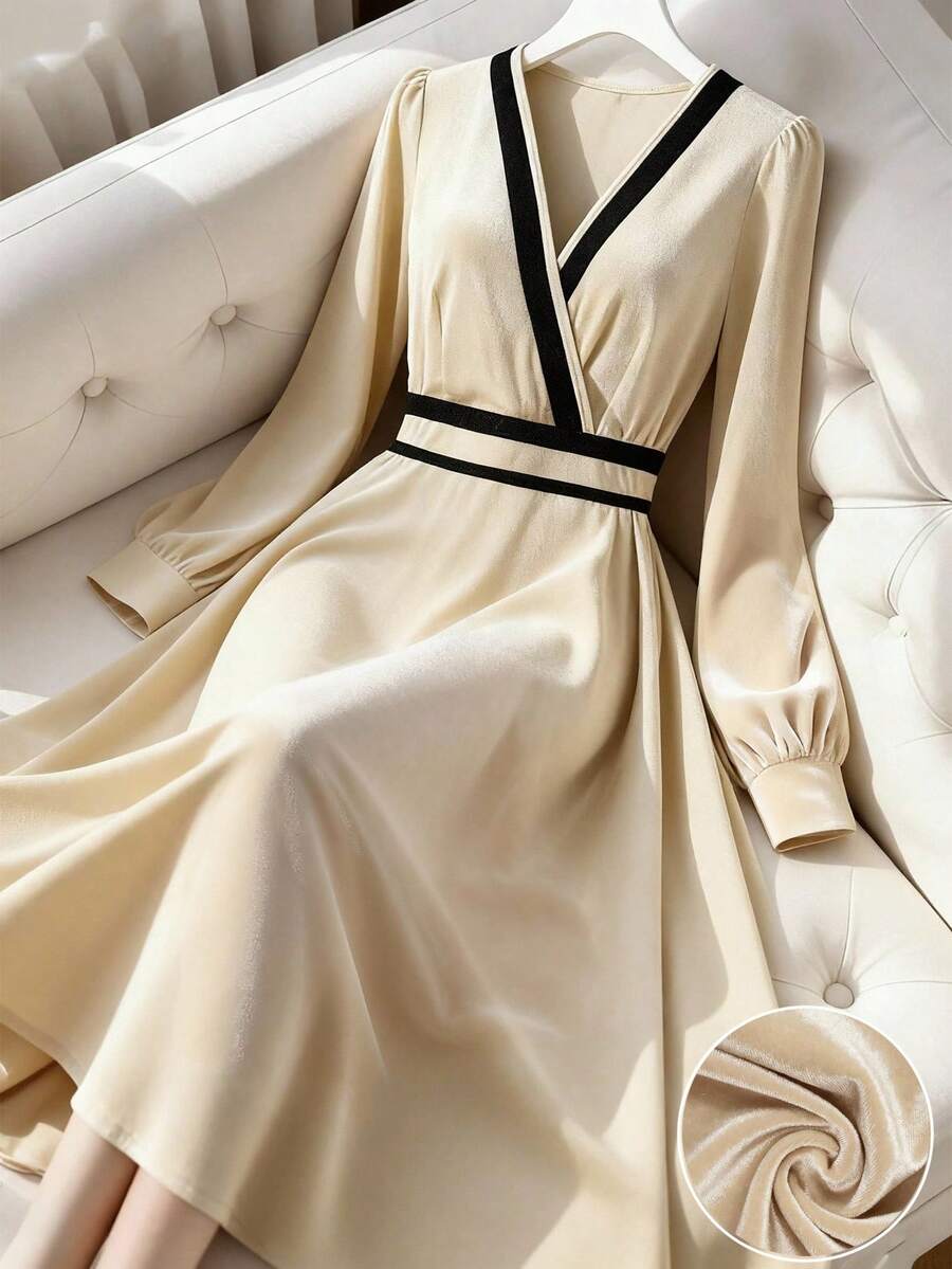 GlowEve Women's Velvet Color Block V-Neck Waist Fit & Flare Elegant Dress, Suitable For Daily, Commute, Business, French Romantic, Party, Christmas, Autumn/Winter, Long Sleeve, Apricot