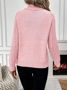 EMERY ROSE Women's Solid Color Hollow Out Raglan Sleeve Casual Pullover Sweater, Autumn/Winter - Pink - View 2