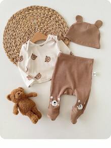 新生女婴休闲可爱卡通图案针织长袖上衣、裤子和帽子家居服套装 - 彩色 - 查看 5