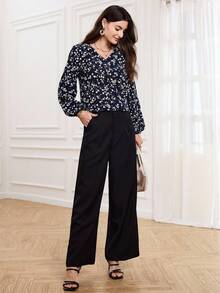 SHEIN LUNE 女士碎花V领灯笼袖宽松休闲衬衫，休闲款 - 彩色 - 查看 4