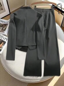 Franclia 女士时尚秋冬西装外套和裤子 - 深灰色 - 查看 2