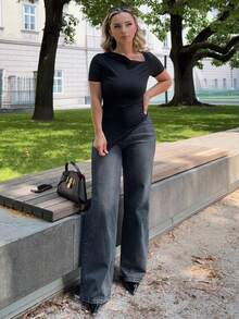 Jeta Ari 女士寬鬆休閒丹寧寬腿褲，附口袋 - 深色水洗藍 - 查看 4