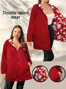 SHEIN Clasi 可双面穿加大码夹克，一面黑白印花，另一面纯色，适合秋冬季 - 紅色 - 查看 1