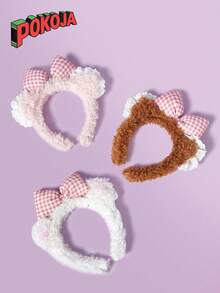 1pc Lace Bear Adorable Milk Puff Bear Ears & Pink Bow Plush Headband - Soft Polyester Lace Cartoon Hair Hoop For All Hair Types, Perfect For Face Washing & Styling, Teddy Bear Plush - Multicolor - View 2