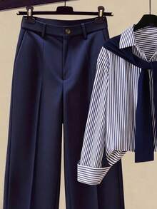 Franclia 2 件套女士条纹披肩领衬衫和高腰阔腿裤，春秋 - 彩色 - 查看 4