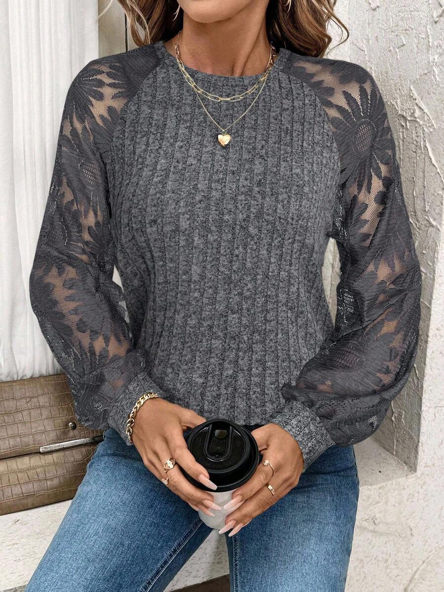 SHEIN Clasi Women's Fuzzy Patchwork Sunflower Lace T-Shirt - Dark Grey - View 1