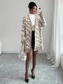 Rafferiza Cárdigan largo de punto de una sola hilera con estampado de cebra, de hombros caídos y manga larga, para mujer, de estilo casual, para otoño/invierno - Multicolor - Ver 1