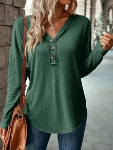 EMERY ROSE Camisetas de manga larga de unicolor casual para mujer - Verde Oscuro - Ver 5