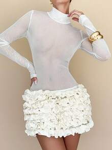 Rafferiza 性感小众设计3D花卉时尚透视修身紧身裙 - 杏色 - 查看 4