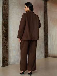 Roveilla Women's 2 Pieces Suit, Deer Velvet Blazer With Lapel, Front Button, Pockets, Long Sleeve, Paired With Loose Wide-Leg Pants, Elegant Office/Casual/Street Style, Autumn/Winter - Chocolate Brown - View 2