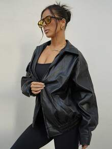 SAYEHFBABY Drop Shoulder Zip Up Black PU Jacket In Fall/Winter - Black - View 5