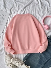 SHEIN 粉色少女运动衫，带刺绣蝴蝶结，保暖内衬 - 粉色 - 查看 2