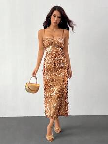 SHEIN PETITE 女士性感露背亮片细肩带鸡尾酒会礼服，优雅正式礼服，适合夜总会、派对、节日活动、圣诞节 - 金色 - 查看 5