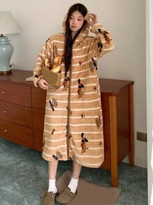 DAZY Women's Thick Fleece Hooded Robe With Puppy Striped Pattern, Winter Fluffy - Coffee Brown - View 7