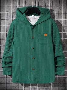 SHEIN Tween Boy 纹理罗纹贴袋长袖连帽衬衫，适合所有季节、通勤、学校、休闲和学院风穿着 - 綠色 - 查看 3