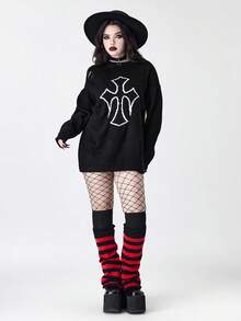 ROMWE Goth Suéter oversize con jacquard de cruz gótica desgastado - Negro - Ver 7