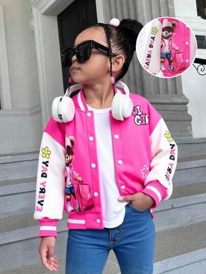 Young Girls Casual Jacket Knit Fabric Fuchsia White English Letter Cute Bear Flower Cartoon Pattern Patchwork Colorful English Letter Pattern Patchwork White Long Sleeve Jacket Suitable For Autumn/Winter Back To School, Casual, Fashion, Cute, Daily, School, Outing, Travel, Photo Shoot