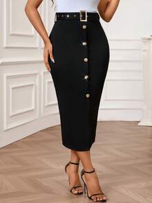 SHEIN Lady Women's Elegant Skirt With Metal Buckle Embellishment, Suitable For Commuting Summer Thanksgiving Graduation Skirt - Black - View 4