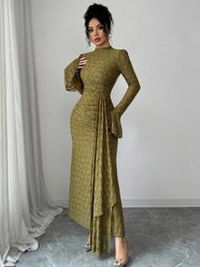 Modelyn French Design Lace High Neck Tie Waist Ruched Slim Fit Dress For Women - Olive Green - View 6