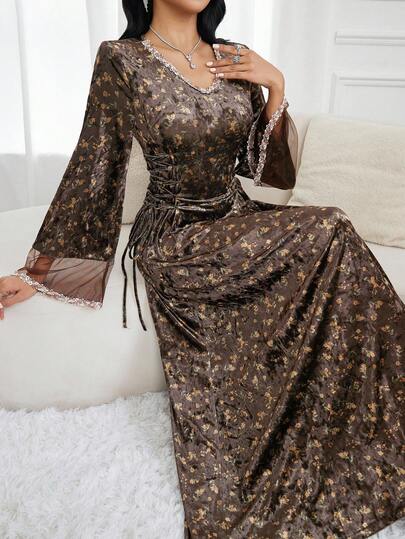 Al Najma 女式优雅碎花喇叭袖阿拉伯连衣裙