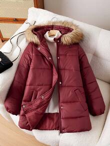SHEIN 青少年女孩连帽棉服外套，袖口有袖，适合度假、郊游、返校穿着 - 酒紅色 - 查看 6