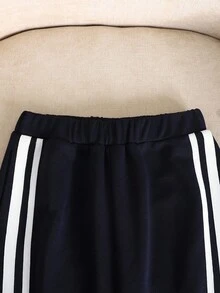 SHEIN Tween Girl Solid Color Knit Patchwork Ribbon Trim Hooded Cardigan And Wide Leg Pants Casual Outfit - Navy Blue - View 5
