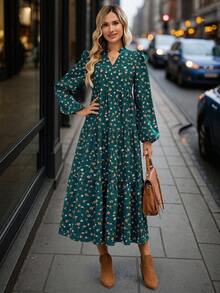 EMERY ROSE Damen-Midikleid mit V-Ausschnitt und Laternenärmeln, Blumenmuster, Winterkleid, Herbstkleider für Damen, Winterkleidung für Damen, Freizeitkleider für Damen, lässiges langes Kleid, grünes Blumenkleid, grünes Midikleid für Damen, Herbstkleid, Ausgeh-Outfit