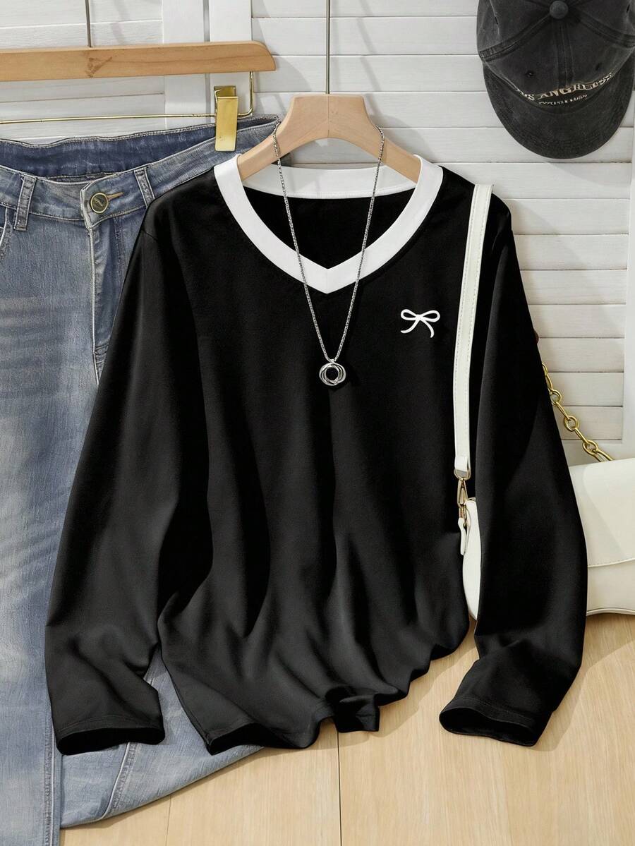 Tween Girls' Bow Print V-Neck Long Sleeve Casual Loose T-Shirt - Multicolor - View 1