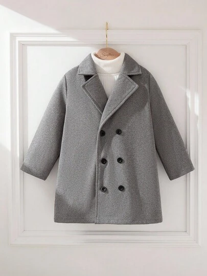 SHEIN Souflis Klassisk fiskbensmönstrad överrock för pojkar, 4-7 år, engelsk stil, dubbelknäppt, medellång, vintagetyg, mångsidig för vardags- och högtidskläder, skapar en liten gentleman-look