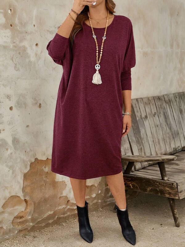 Plus Size Casual Fitted Crew Neck Knit Dress For Women