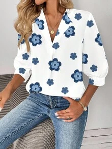 SHEIN CURVE+ 女士休闲简约豹纹图案办公室衬衫，适合秋冬季 - 彩色 - 查看 7