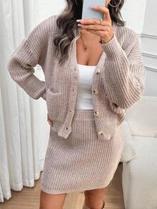 SHEIN LUNE 女式纯色针织落肩休闲纽扣前开衫和迷你裙两件套 - 卡其色 - 查看 7